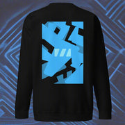 Slim Fitting unisex sweatshirt in black, featuring the modern "River of Life" design by Brekky Threads. The Brekky Threads logo is laid out randomly in varying shades of blue to represent the disorder of life as a river, with an intact logo in the middle of the design acting as the anchor. Go with the flow, but anchor yourself to you, you're all you have. 