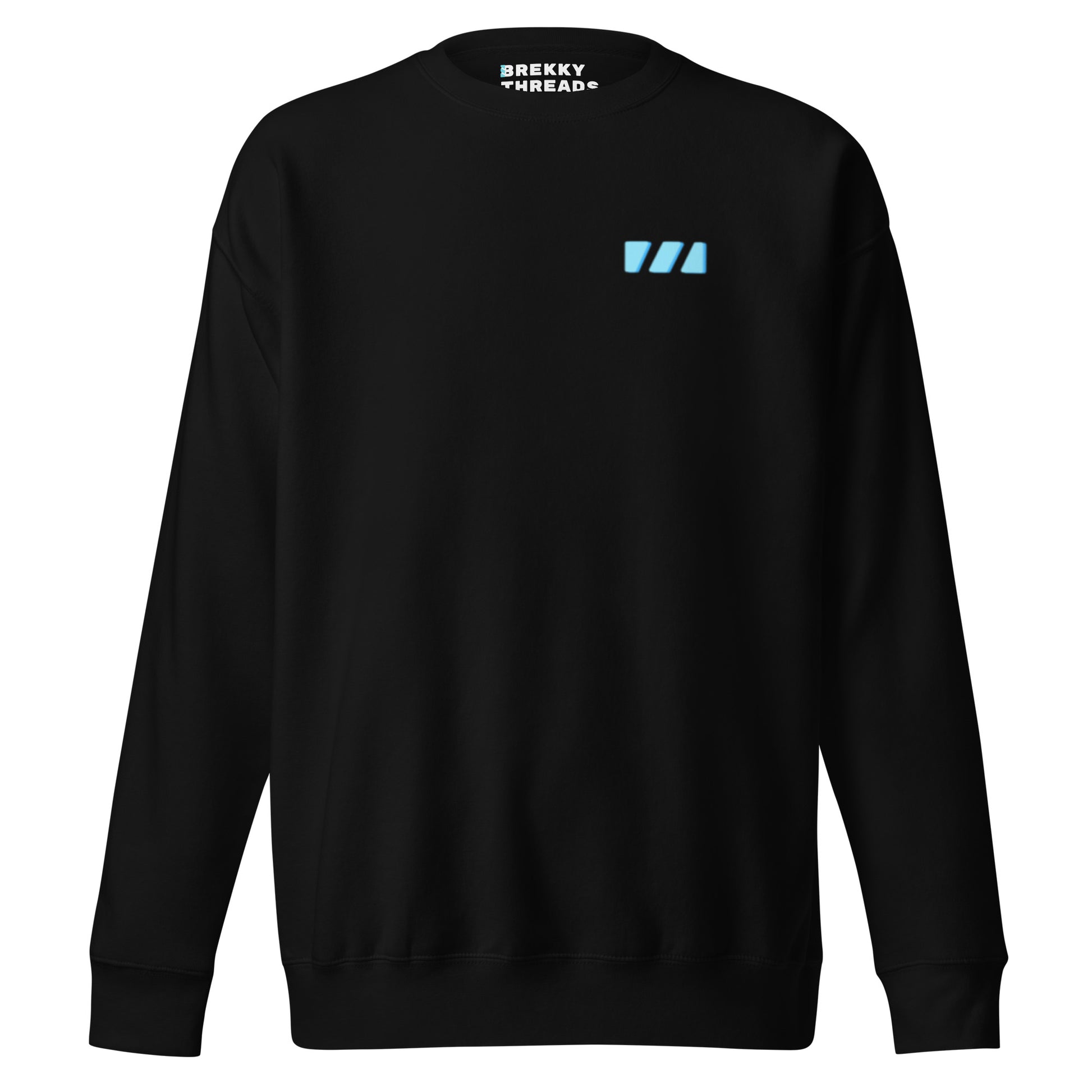 Slim Fitting unisex sweatshirt in black, featuring the modern "River of Life" design by Brekky Threads. This is the front, which features the light blue Brekky Threads logo above the left breast.