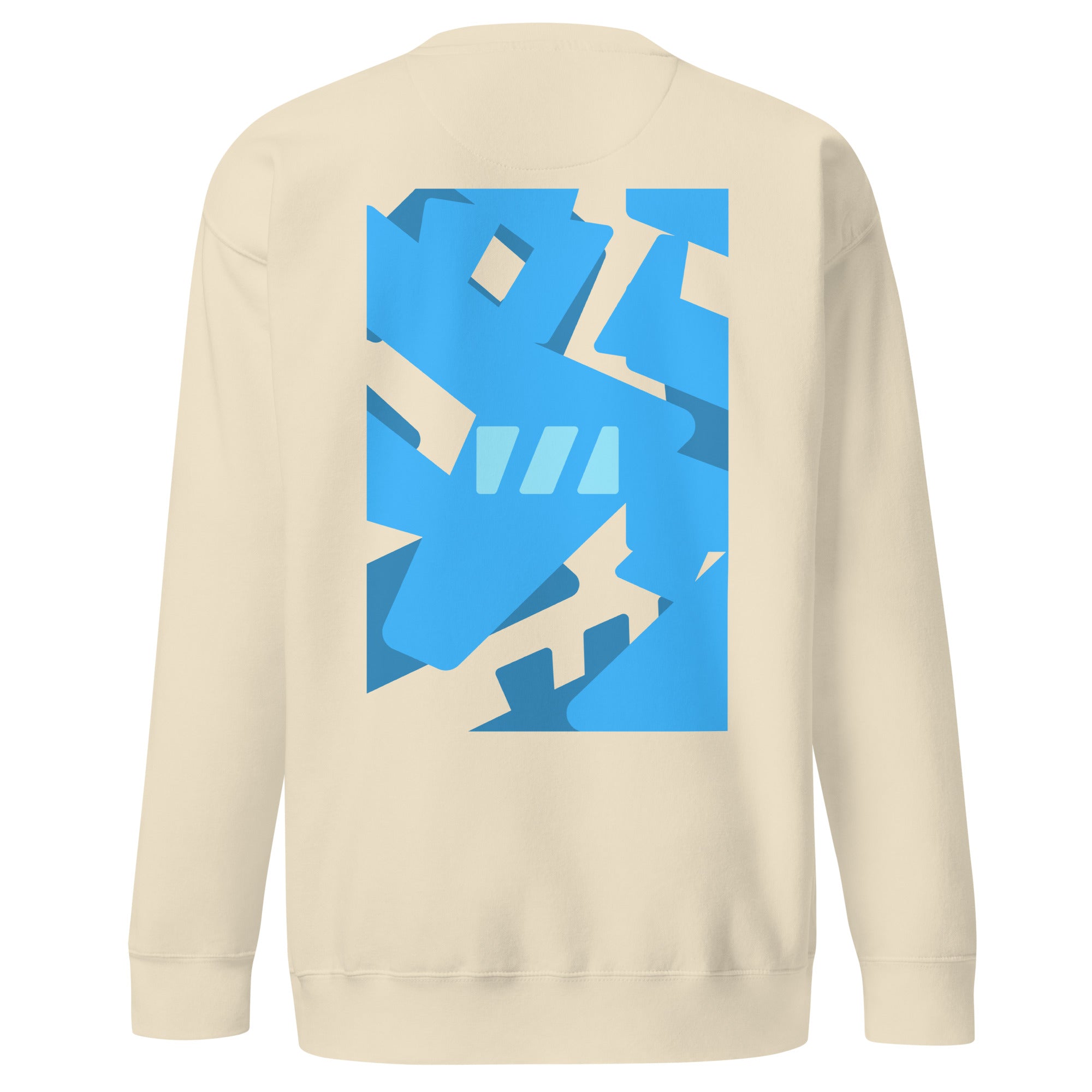 Slim Fitting unisex sweatshirt in bone (beige), featuring the modern "River of Life" design by Brekky Threads. The Brekky Threads logo is laid out randomly in varying shades of blue to represent the disorder of life as a river, with an intact logo in the middle of the design acting as the anchor. Go with the flow, but anchor yourself to you, you're all you have. 