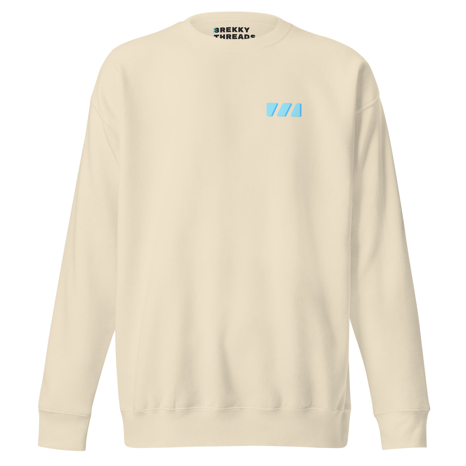 Slim Fitting unisex sweatshirt in bone (beige), featuring the modern "River of Life" design by Brekky Threads. This is the front, which features the light blue Brekky Threads logo above the left breast.