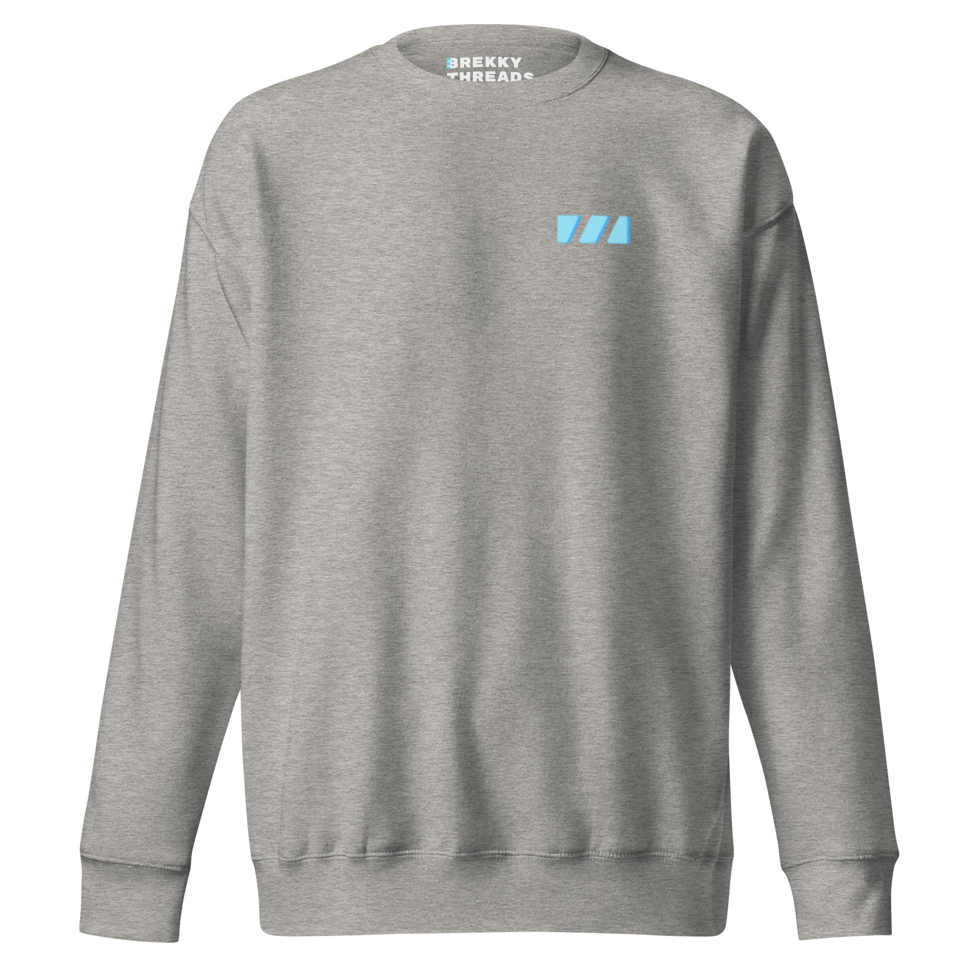 Slim Fitting unisex sweatshirt in carbon grey, featuring the modern "River of Life" design by Brekky Threads. This is the front, which features the light blue Brekky Threads logo above the left breast.