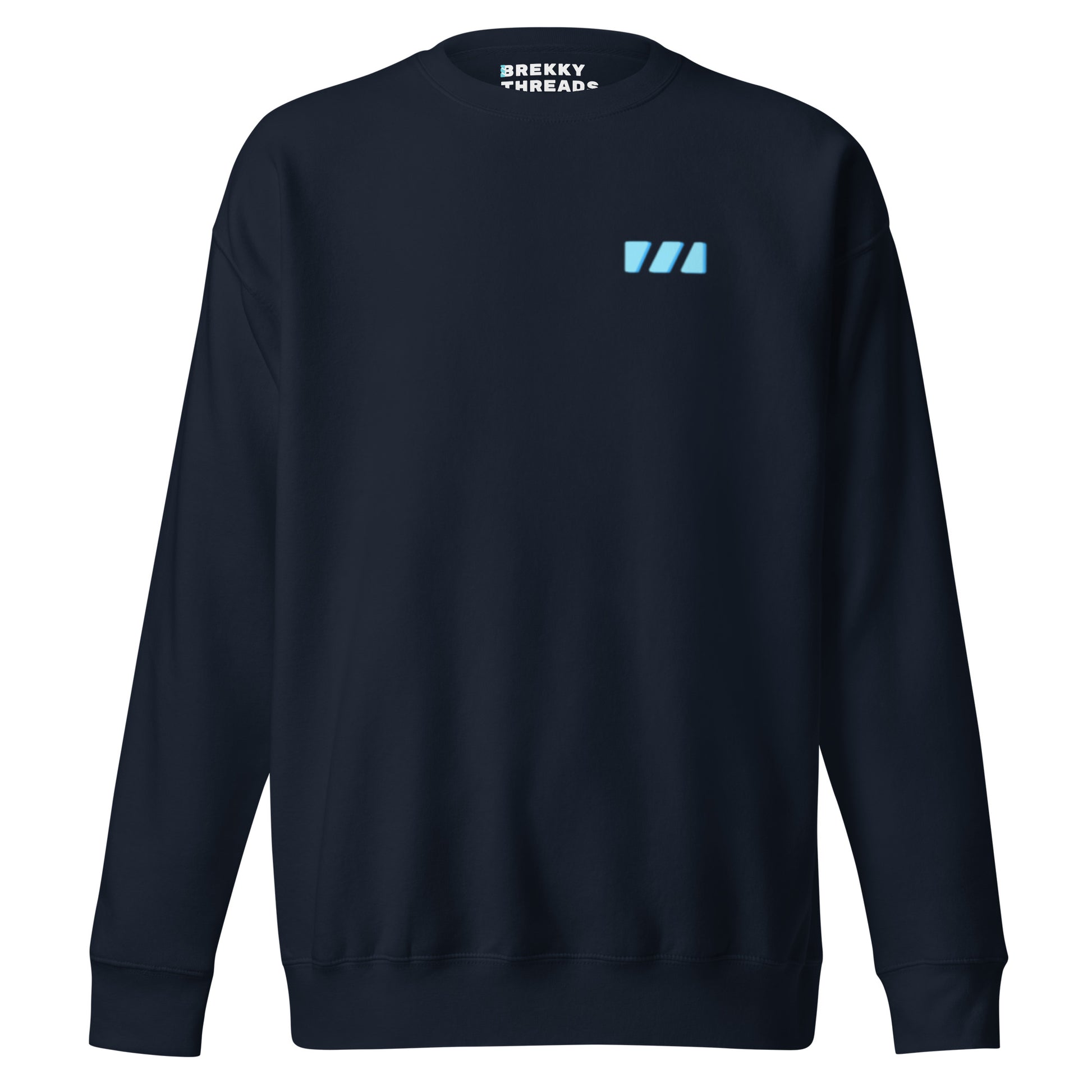 Slim Fitting unisex sweatshirt in navy blazer, featuring the modern "River of Life" design by Brekky Threads. This is the front, which features the light blue Brekky Threads logo above the left breast.