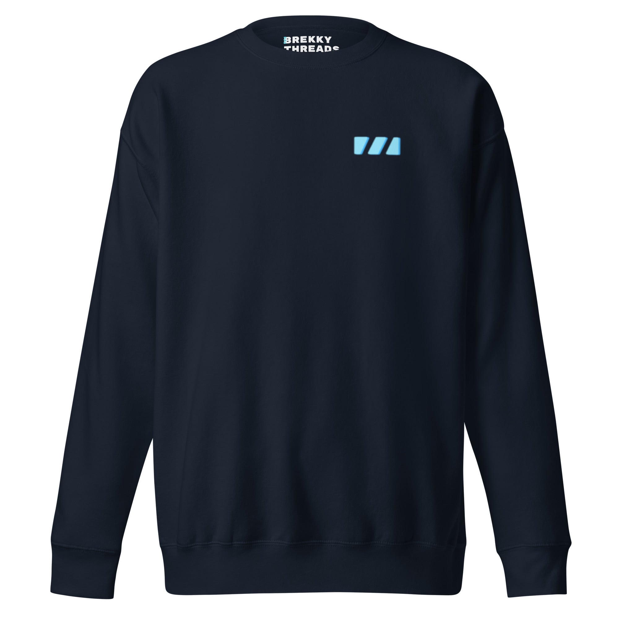 Slim Fitting unisex sweatshirt in navy blazer, featuring the modern "River of Life" design by Brekky Threads. This is the front, which features the light blue Brekky Threads logo above the left breast.