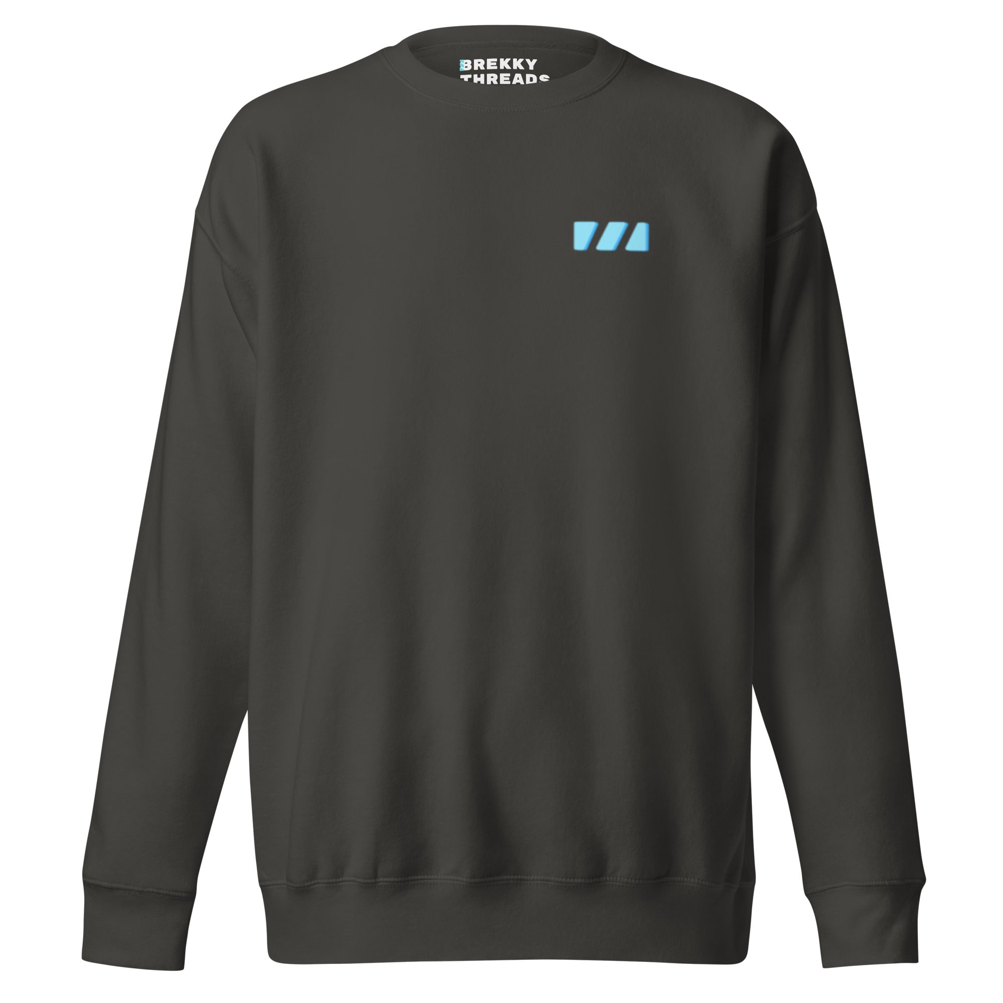 Slim Fitting unisex sweatshirt in vintage black, featuring the modern "River of Life" design by Brekky Threads. This is the front, which features the light blue Brekky Threads logo above the left breast.