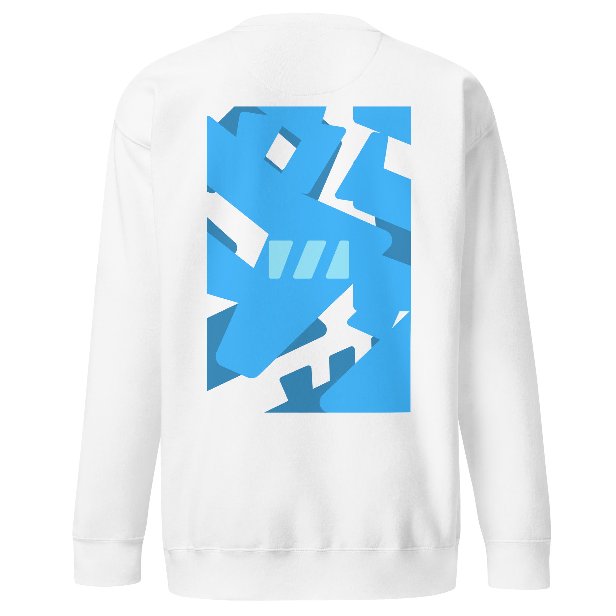 Slim Fitting unisex sweatshirt in white, featuring the modern "River of Life" design by Brekky Threads. The Brekky Threads logo is laid out randomly in varying shades of blue to represent the disorder of life as a river, with an intact logo in the middle of the design acting as the anchor. Go with the flow, but anchor yourself to you, you're all you have. 