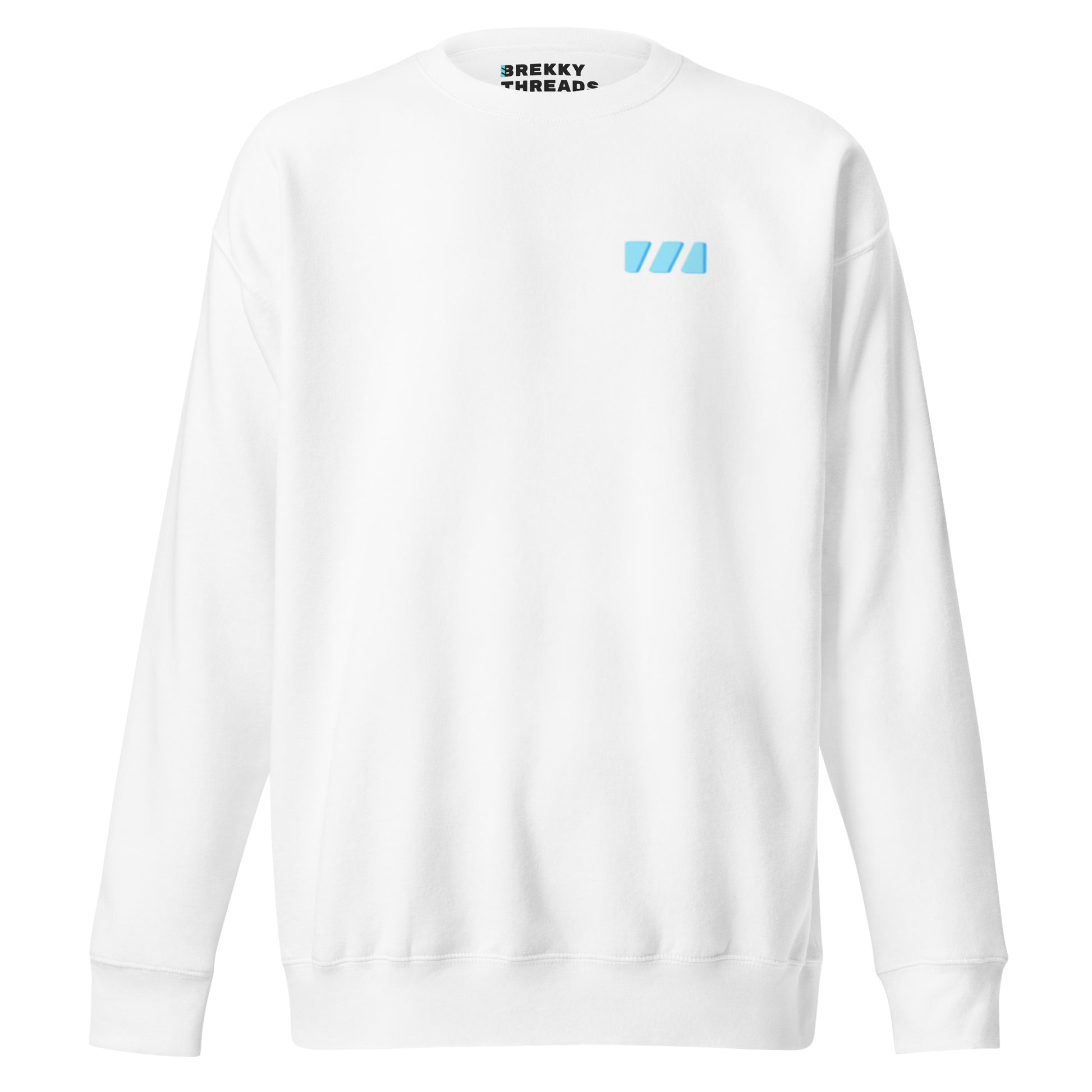 Slim Fitting unisex sweatshirt in white, featuring the modern "River of Life" design by Brekky Threads. This is the front, which features the light blue Brekky Threads logo above the left breast.