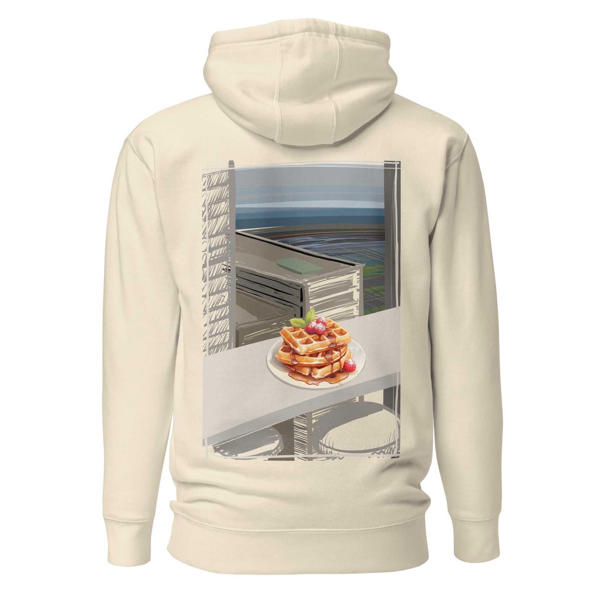 Comfy and cozy hoodie with flat drawstrings. Pictured from the back, a large color print of waffles, plated, on a bar table in front of a window with sky-scrapers, a lower city, and the ocean in the background. Unisex. Color: Bone (Beige).