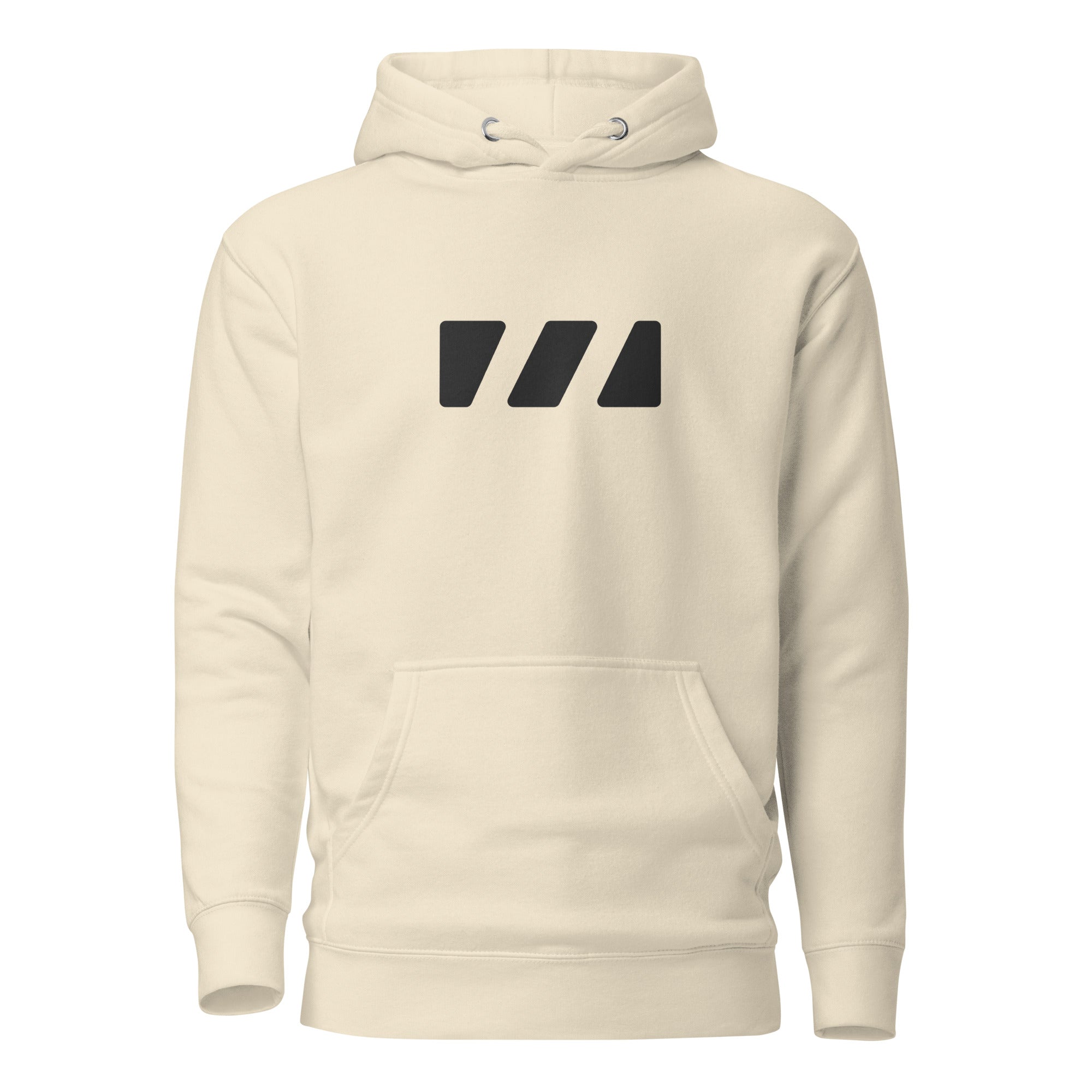 Comfy and cozy hoodie with flat drawstrings. Pictured from the front, a large black Brekky Threads Logo is spread across the chest. Unisex. Color: Bone (Beige).