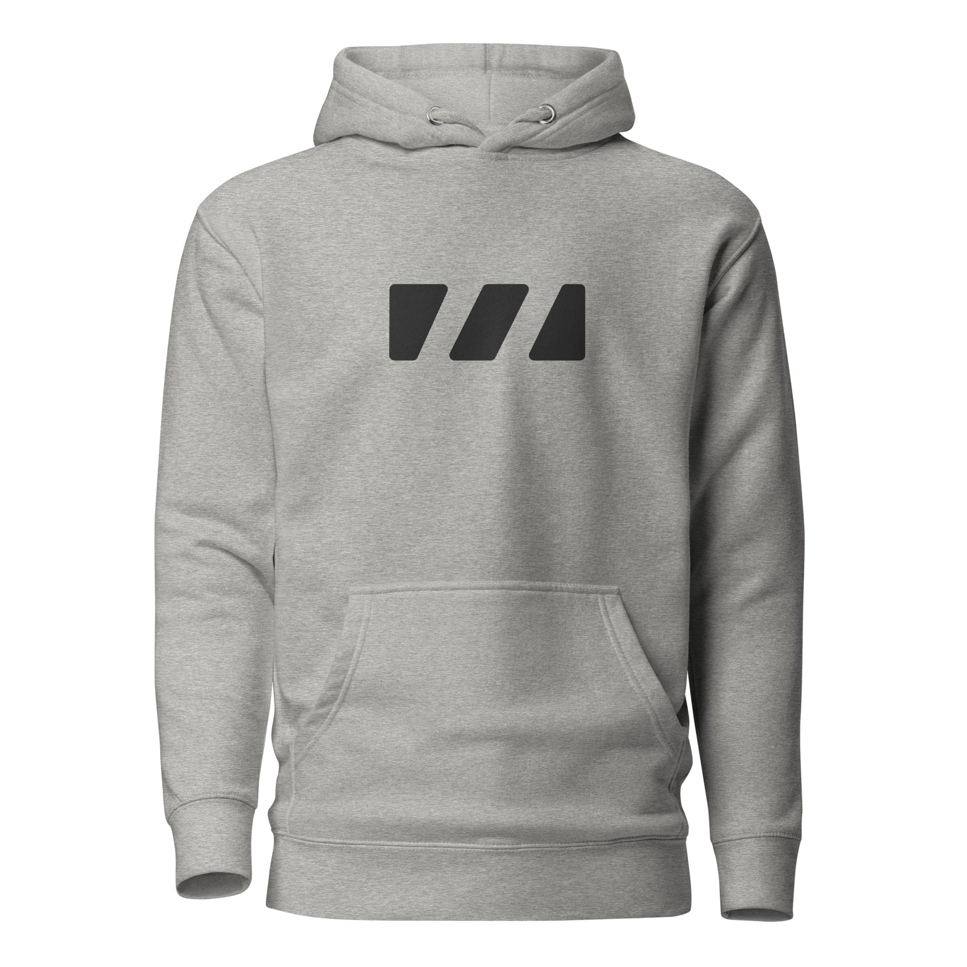 Comfy and cozy hoodie with flat drawstrings. Pictured from the front, a large black Brekky Threads Logo is spread across the chest. Unisex. Color: Carbon Grey.