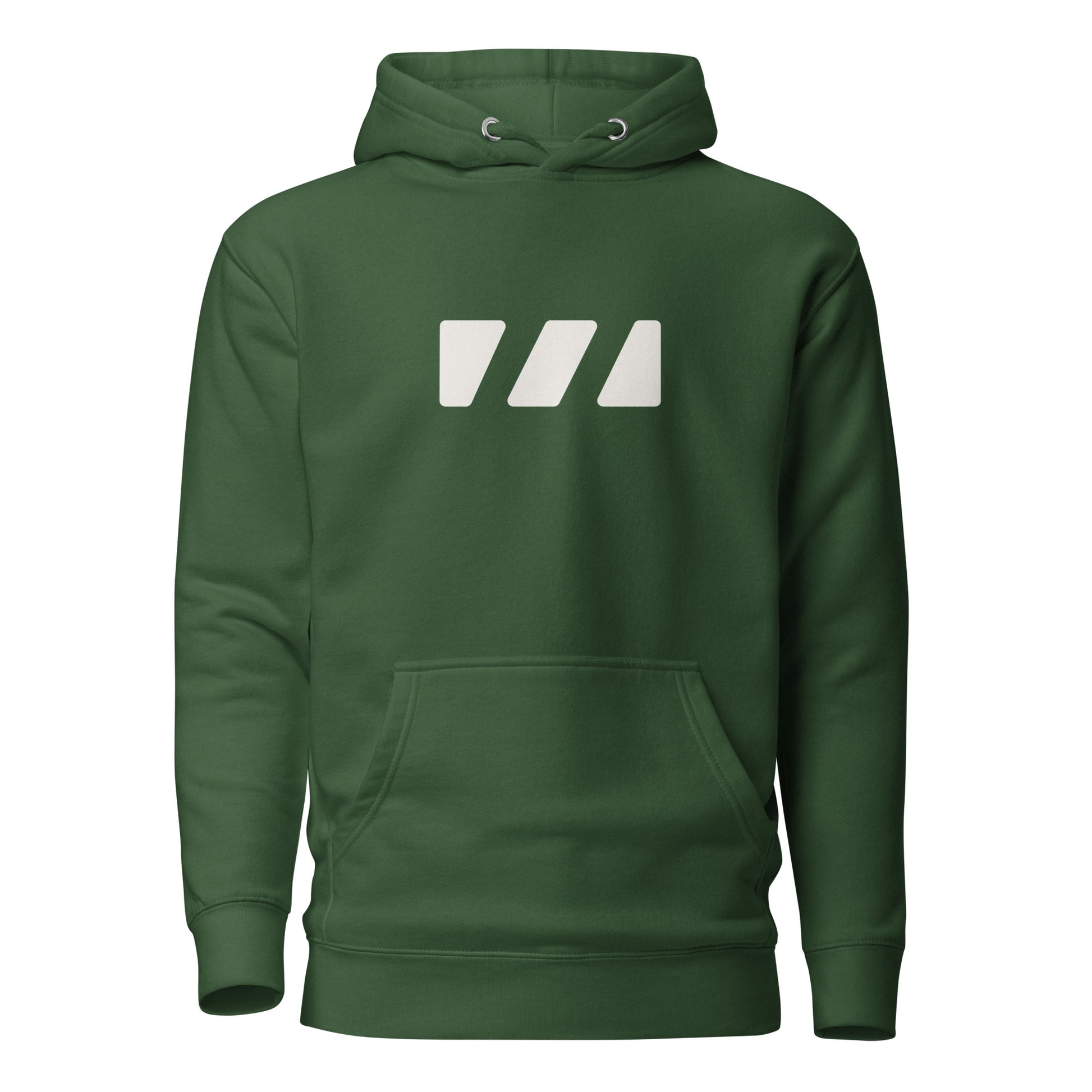 Comfy and cozy hoodie with flat drawstrings. Pictured from the front, a large white Brekky Threads Logo is spread across the chest. Unisex. Color: Forest Green.