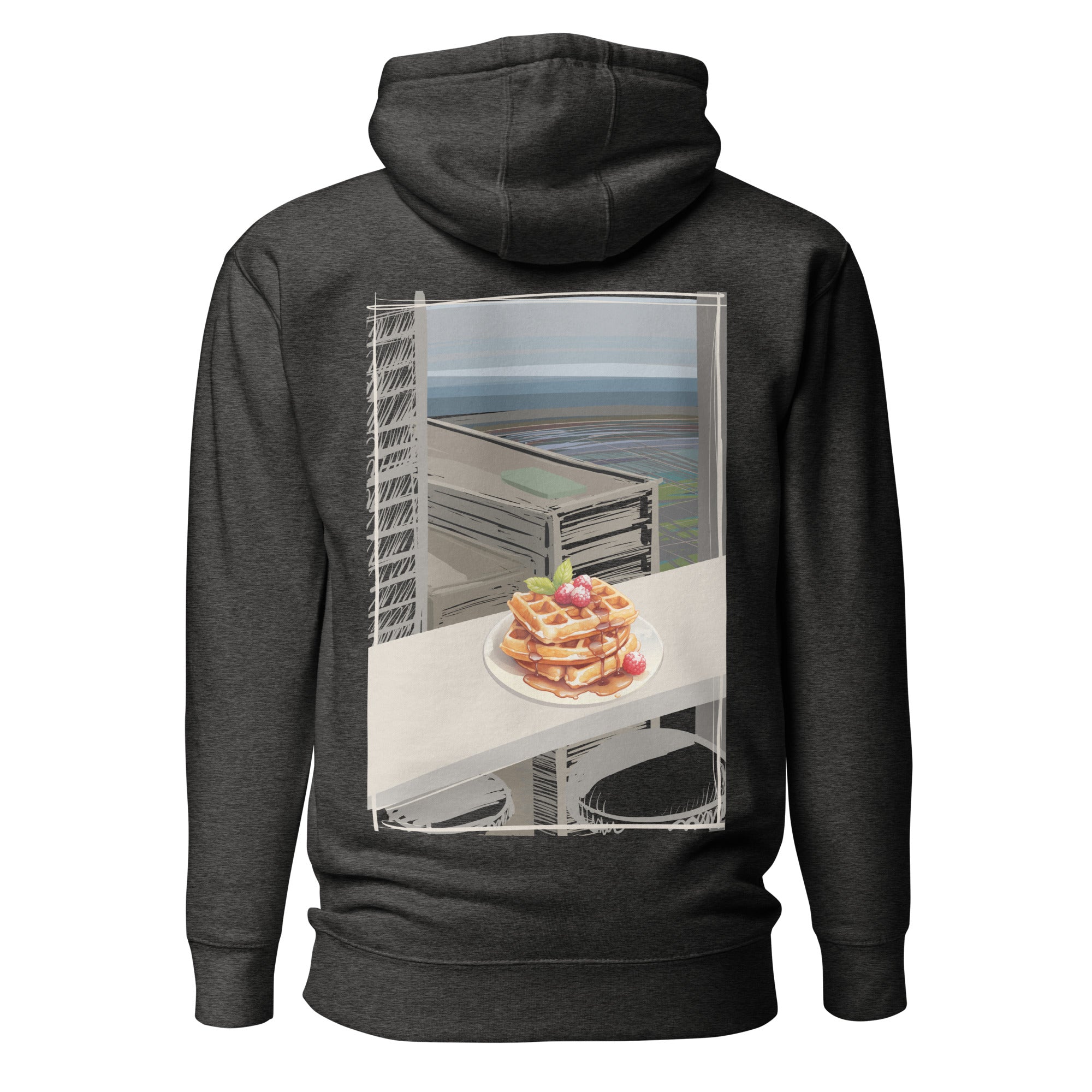 Comfy and cozy hoodie with flat drawstrings. Pictured from the back, a large color print of waffles, plated, on a bar table in front of a window with sky-scrapers, a lower city, and the ocean in the background. Unisex. Color: Heather Charcoal.