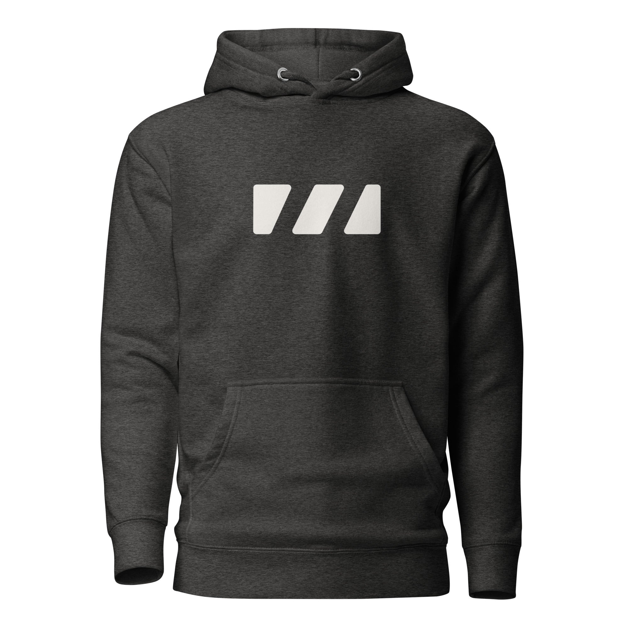 Comfy and cozy hoodie with flat drawstrings. Pictured from the front, a large white Brekky Threads Logo is spread across the chest. Unisex. Color: Heather Charcoal.