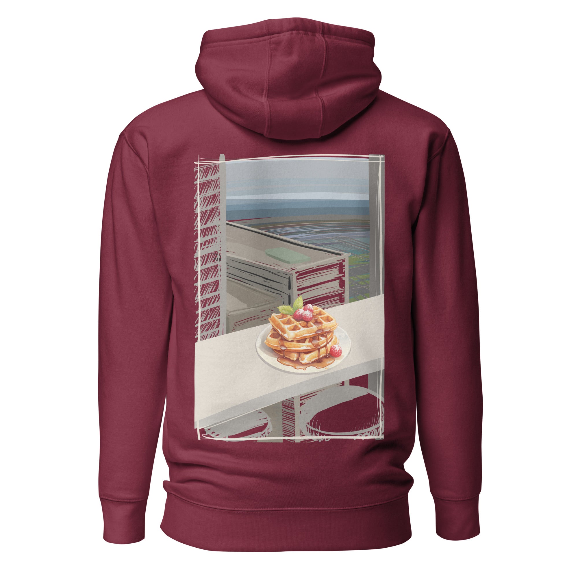 Comfy and cozy hoodie with flat drawstrings. Pictured from the back, a large color print of waffles, plated, on a bar table in front of a window with sky-scrapers, a lower city, and the ocean in the background. Unisex. Color: Maroon.