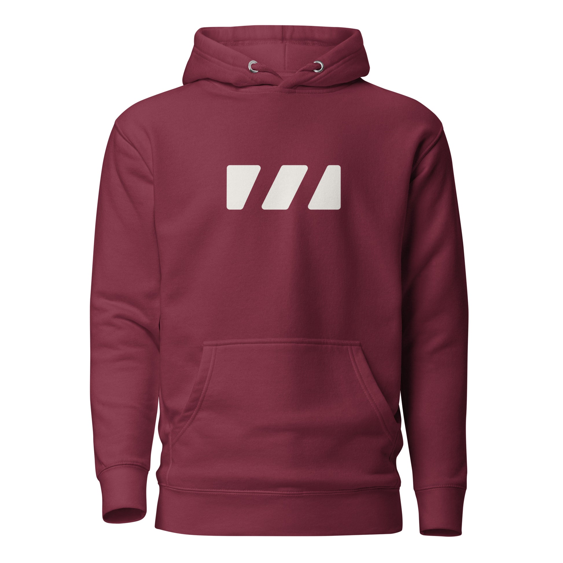 Comfy and cozy hoodie with flat drawstrings. Pictured from the front, a large white Brekky Threads Logo is spread across the chest. Unisex. Color: Maroon.