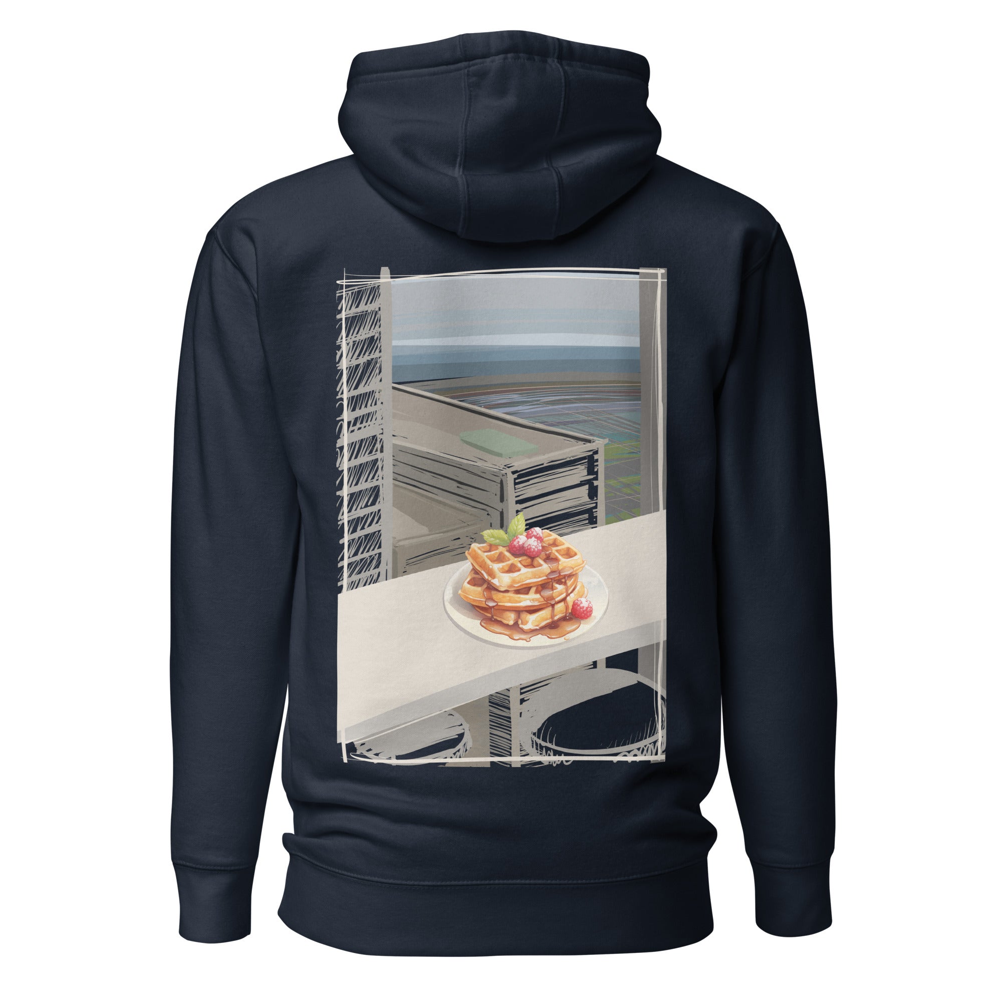 Comfy and cozy hoodie with flat drawstrings. Pictured from the back, a large color print of waffles, plated, on a bar table in front of a window with sky-scrapers, a lower city, and the ocean in the background. Unisex. Color: Navy Blazer.