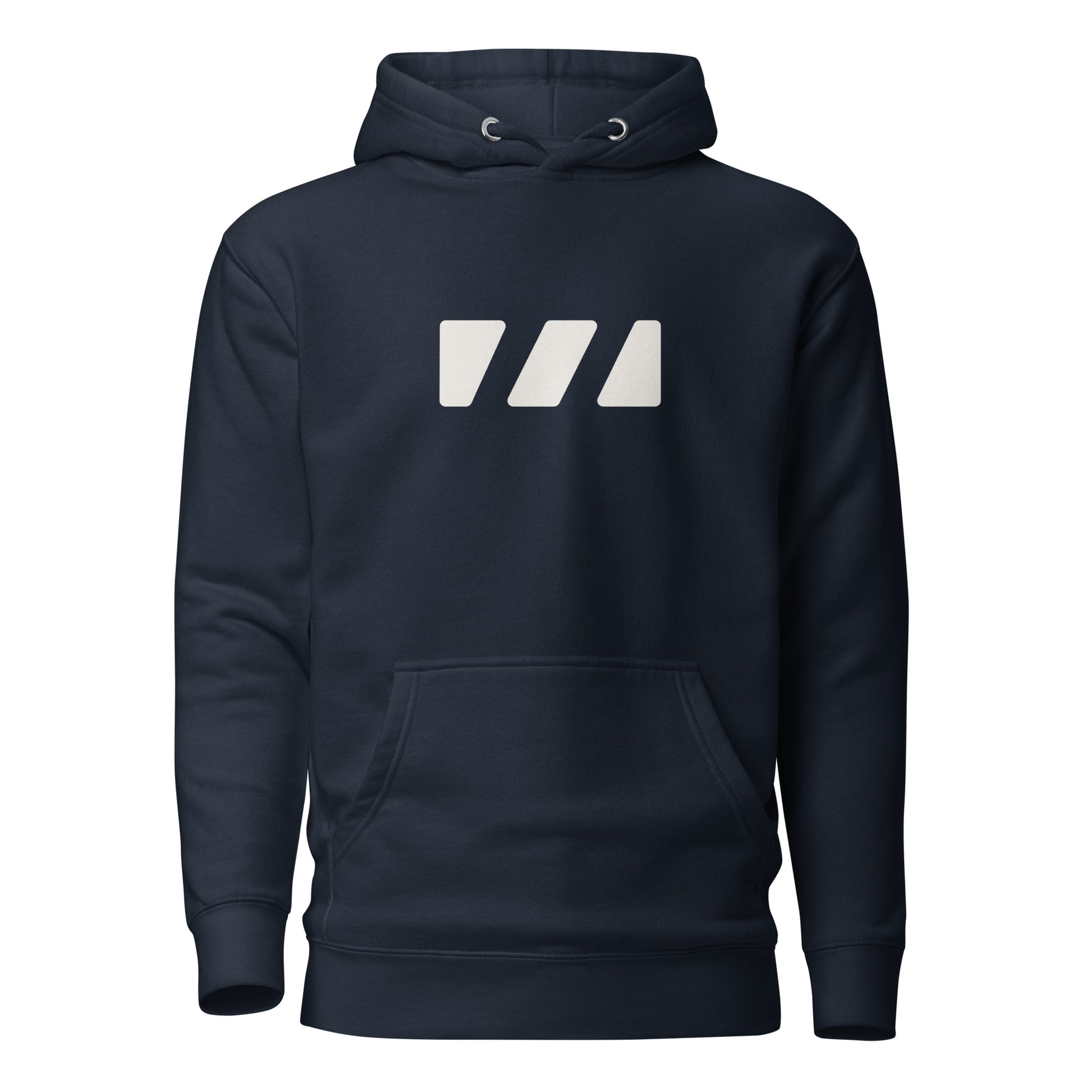 Comfy and cozy hoodie with flat drawstrings. Pictured from the front, a large white Brekky Threads Logo is spread across the chest. Unisex. Color: Navy Blazer.