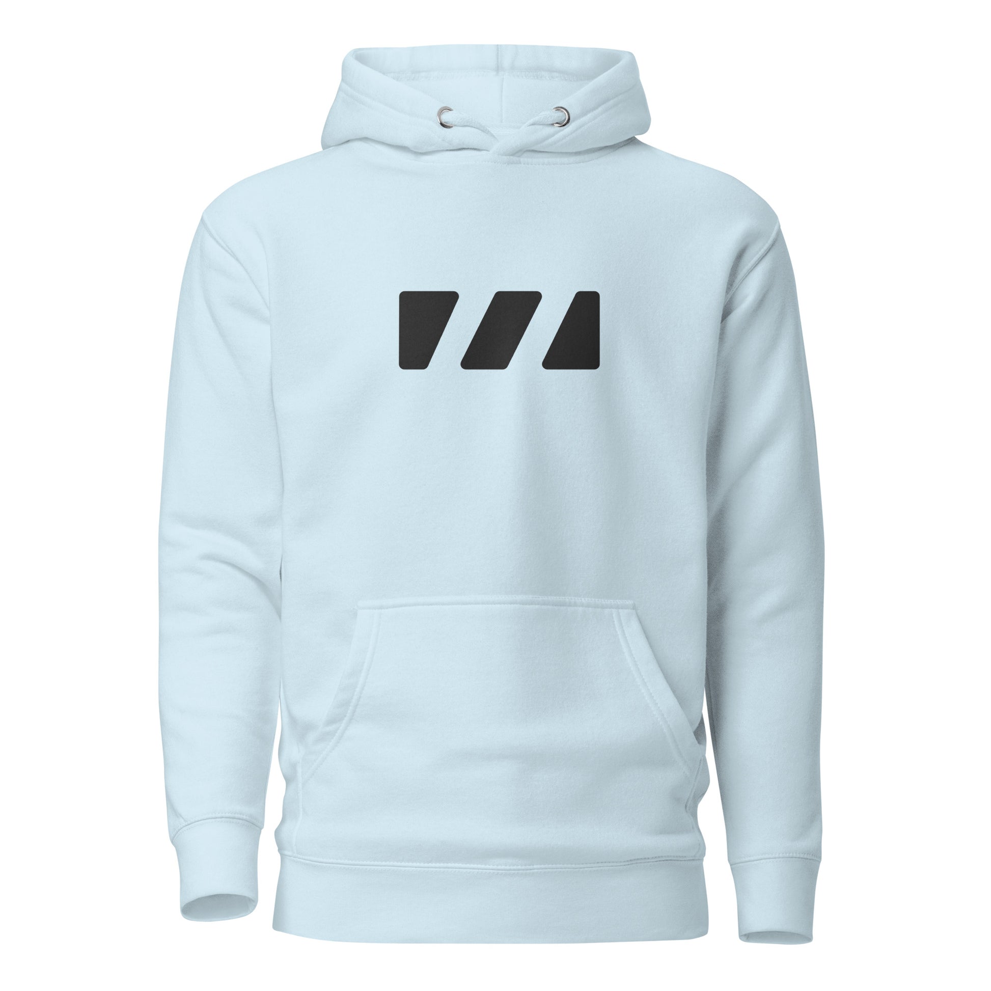 Comfy and cozy hoodie with flat drawstrings. Pictured from the front, a large black Brekky Threads Logo is spread across the chest. Unisex. Color: Sky Blue.