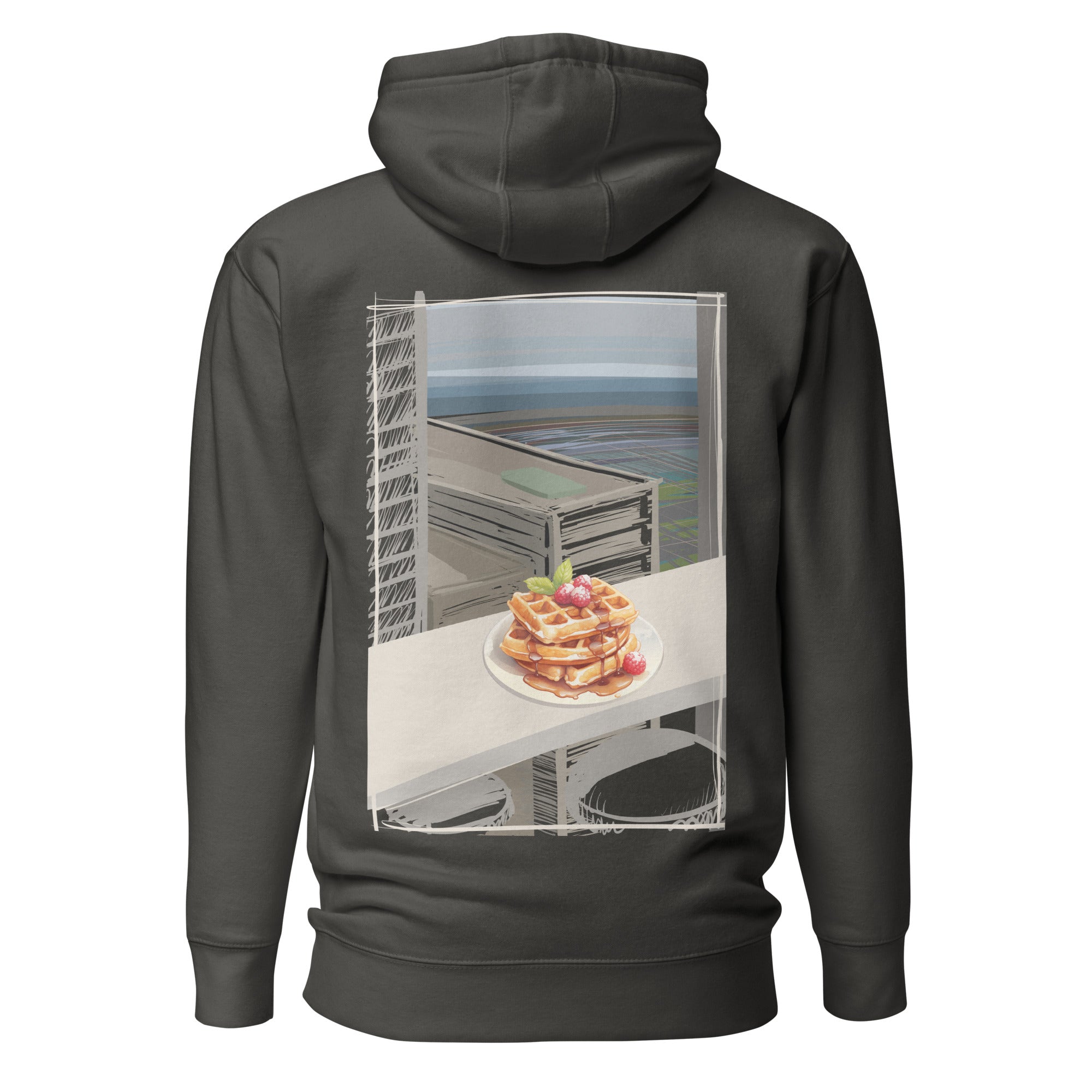 Comfy and cozy hoodie with flat drawstrings. Pictured from the back, a large color print of waffles, plated, on a bar table in front of a window with sky-scrapers, a lower city, and the ocean in the background. Unisex. Color: Vintage Black.