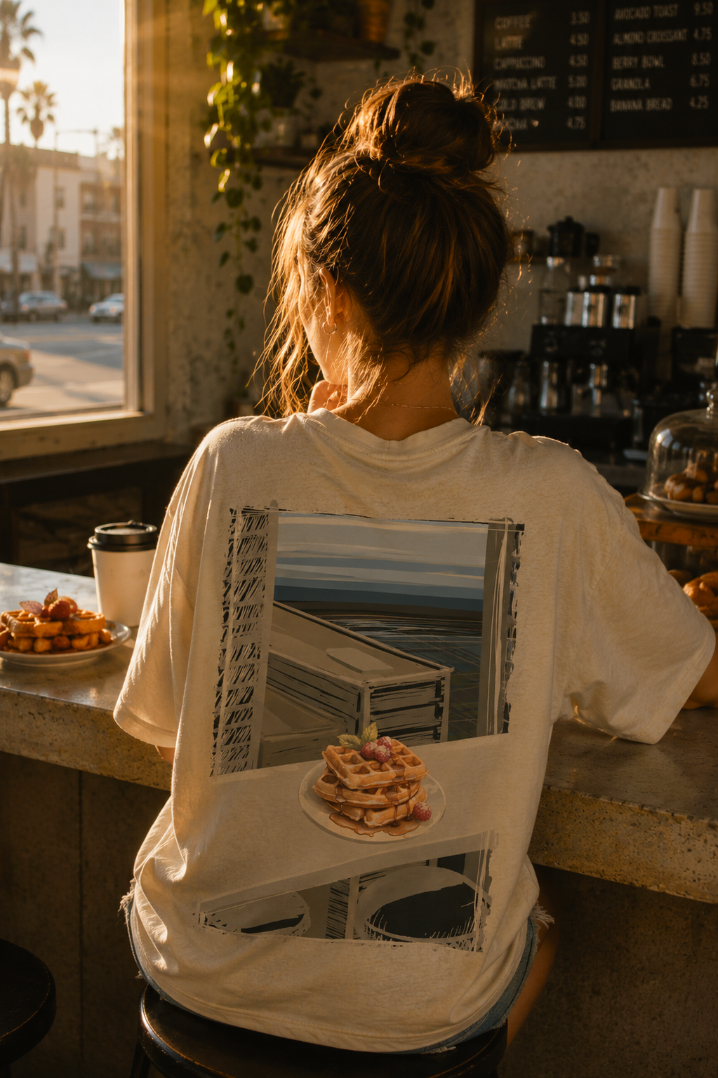 Young woman sitting on a stool at a counter in a cafe, facing away from us. Warm sunlight pours in through the window on the left. She is wearing a white t-shirt with a Brekky design on the back. The design is Waffle City: a sketch of waffles on a counter, looking out of a window in a high-rise over a cityscape.