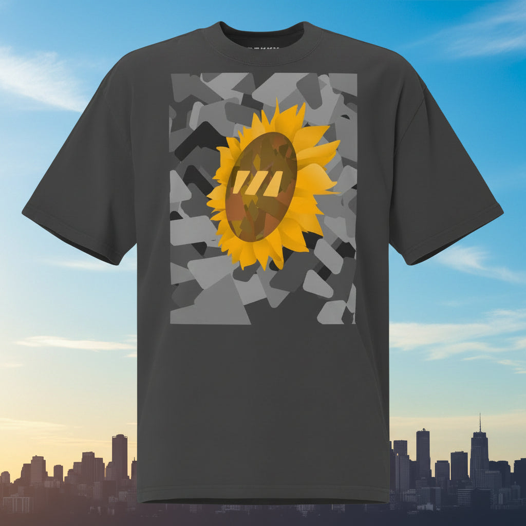 Black t-shirt with a sunflower graphic set on an urban graphic made out of black-and-white wedges. (Which is what the Brekky logo looks like)