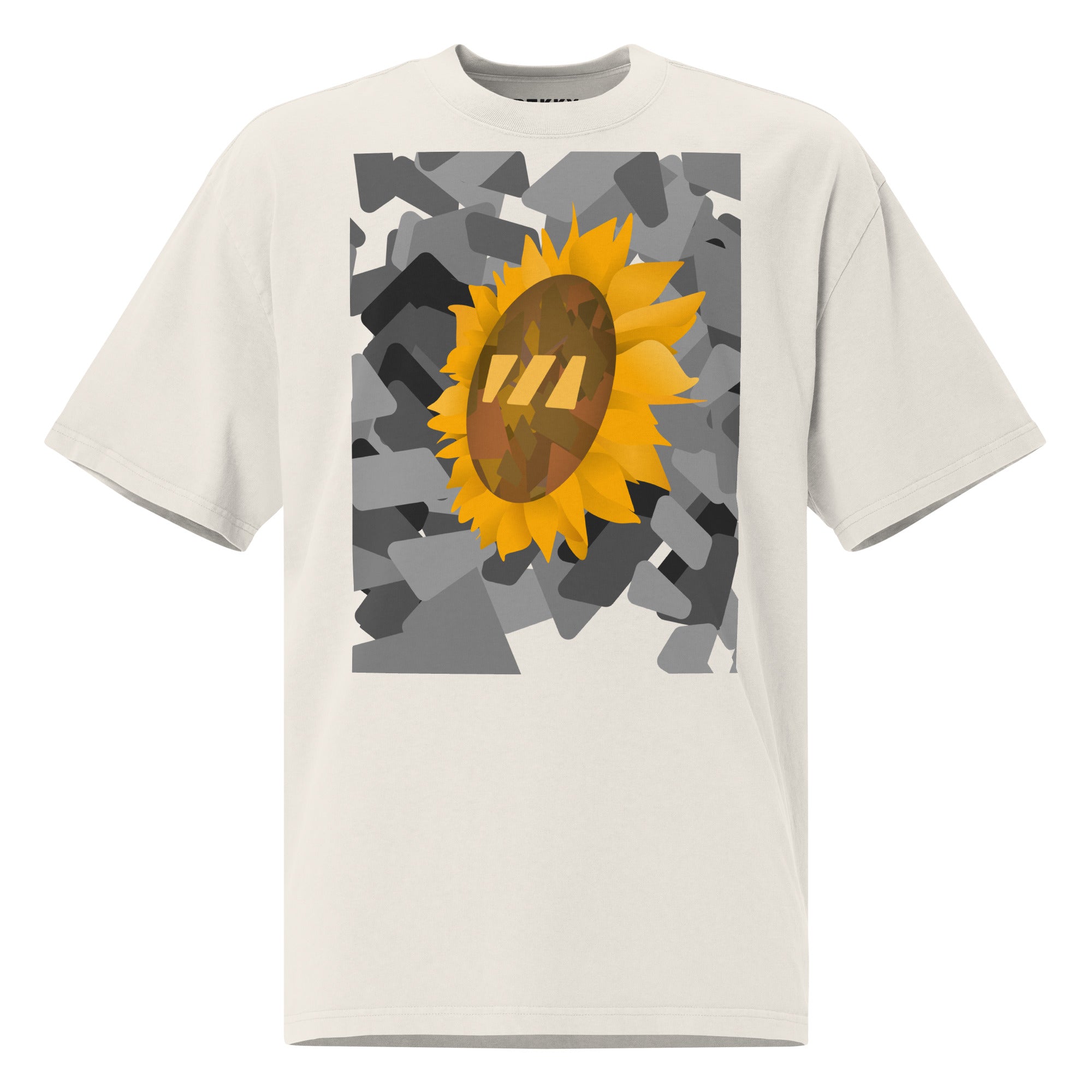 White t-shirt with a sunflower graphic set on an urban graphic made out of black-and-white wedges. (Which is what the Brekky logo looks like)