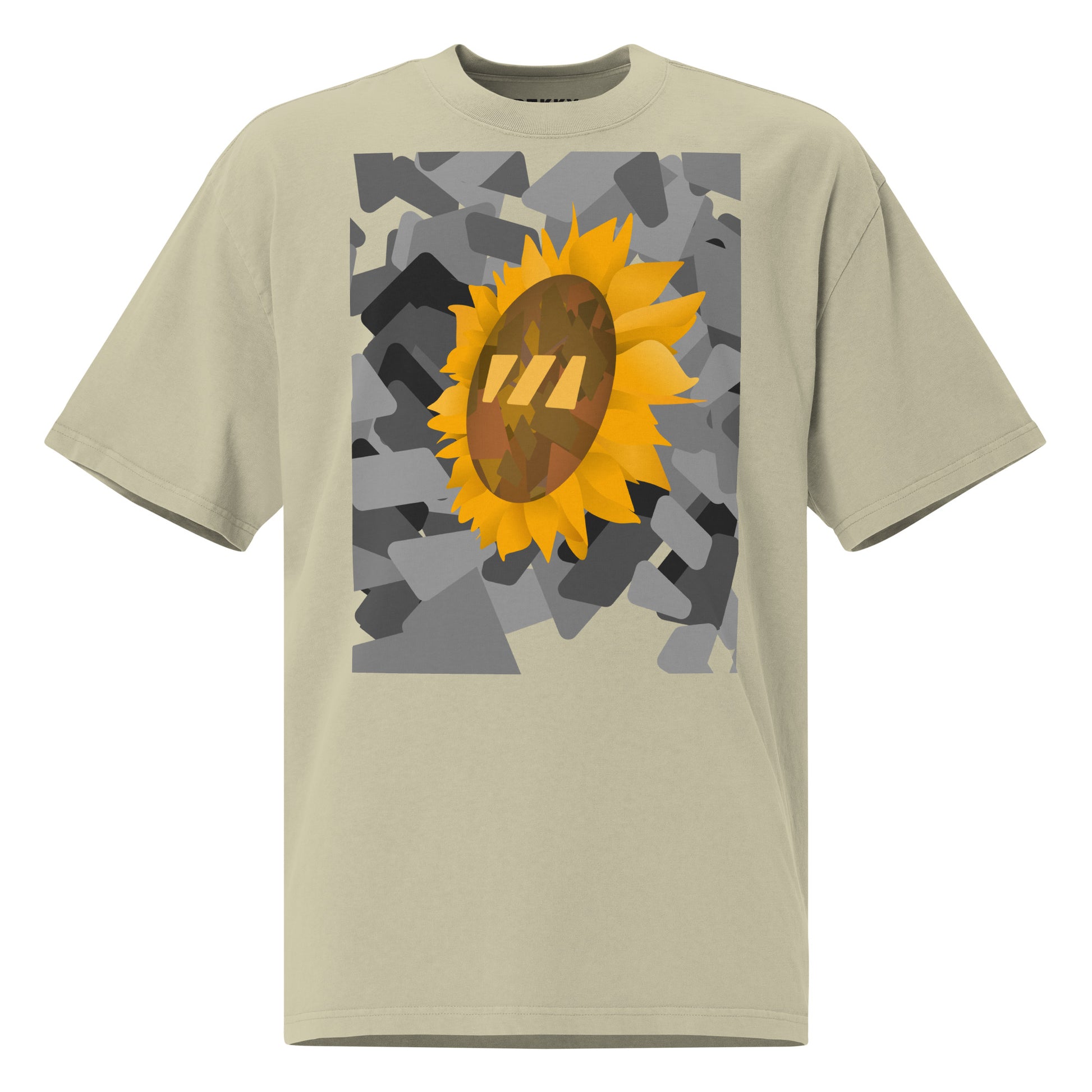 Eucalyptus Green t-shirt with a sunflower graphic set on an urban graphic made out of black-and-white wedges. (Which is what the Brekky logo looks like)