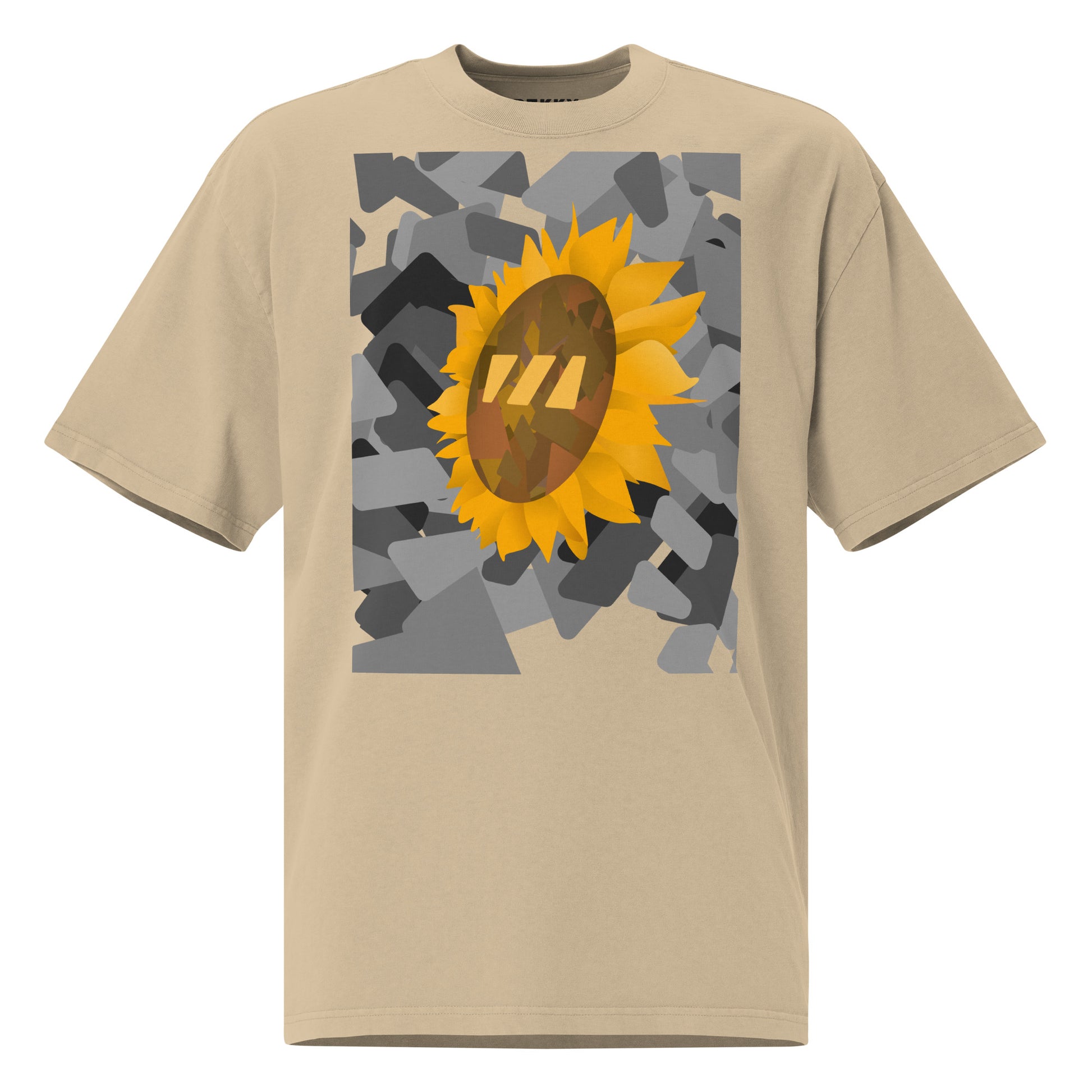 Khaki / beige t-shirt with a sunflower graphic set on an urban graphic made out of black-and-white wedges. (Which is what the Brekky logo looks like)