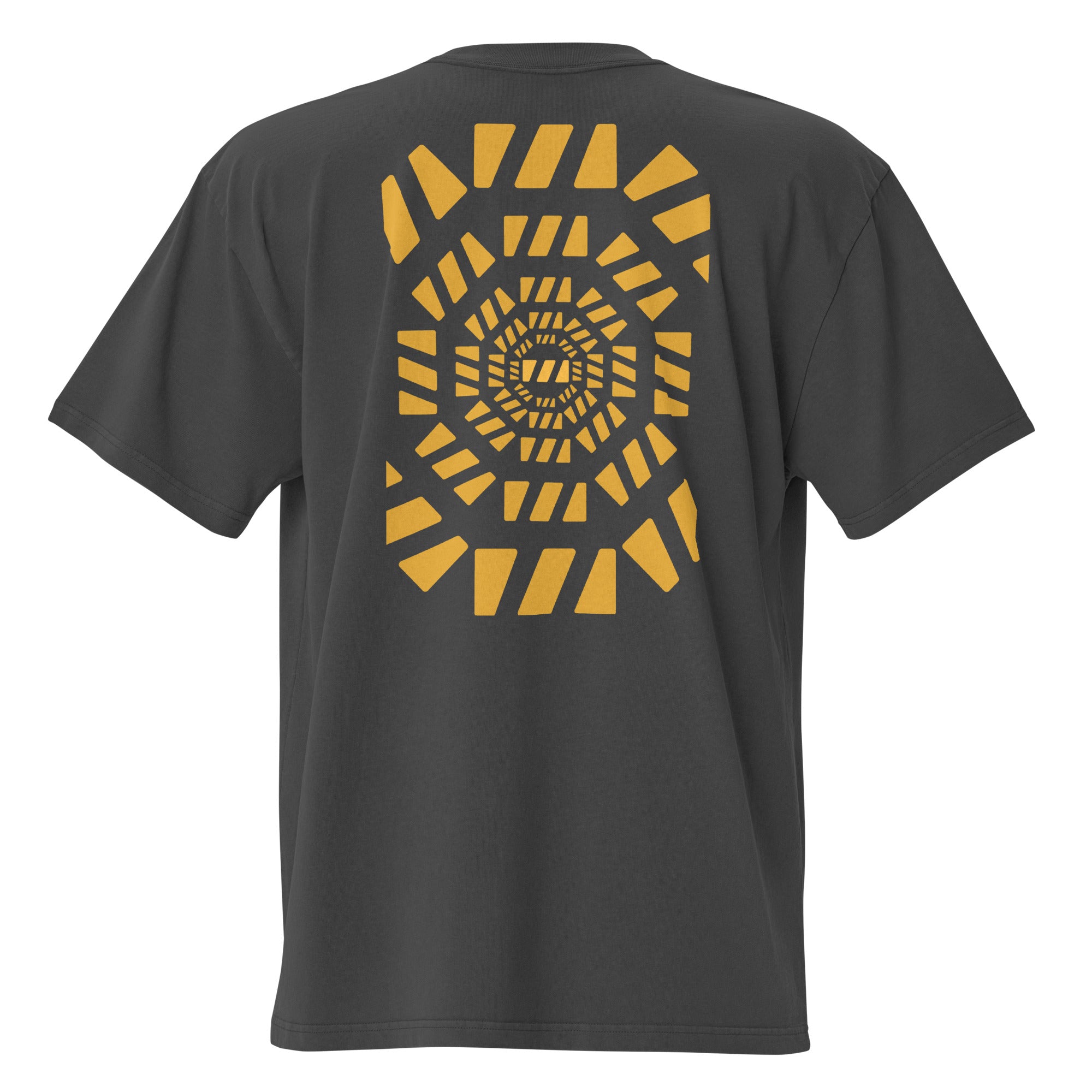 Black oversized t-shirt with the brekky design "Sunshine" printed on the back. The "Sunshine" design is the brekky logo in golden yellow emanating from a bright yellow logo in the center. 