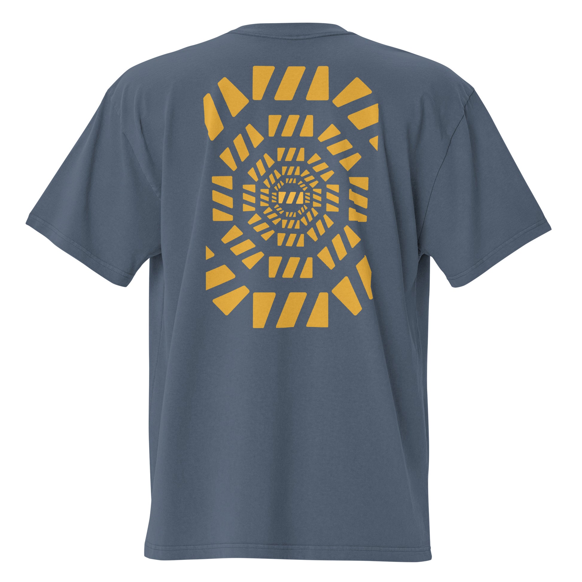 Faded indigo oversized t-shirt, with Brekky's design "Sunshine" on the back. The "Sunshine" design is the brekky logo in golden yellow emanating from a bright yellow logo in the center. 