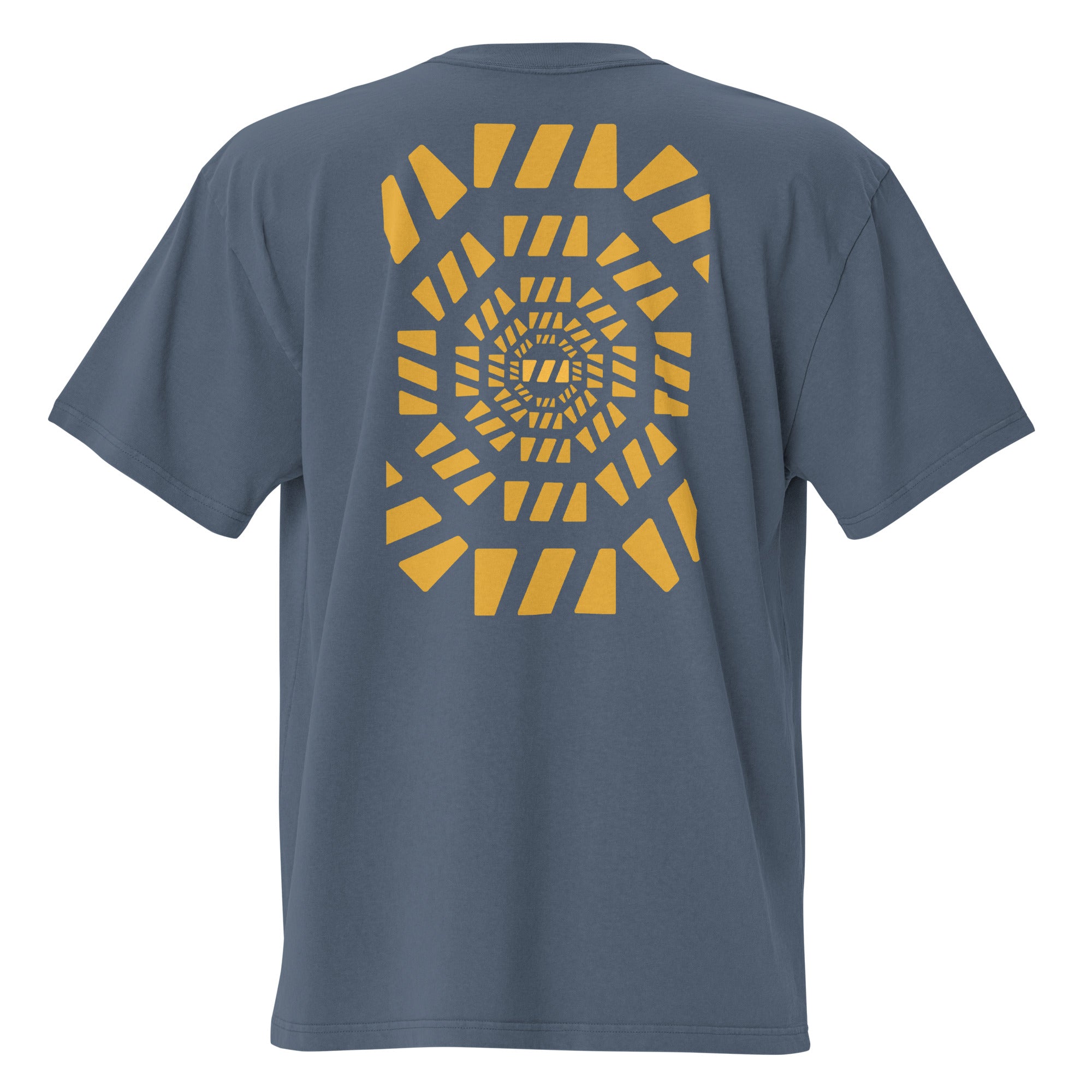 Faded indigo oversized t-shirt, with Brekky's design "Sunshine" on the back. The "Sunshine" design is the brekky logo in golden yellow emanating from a bright yellow logo in the center. 