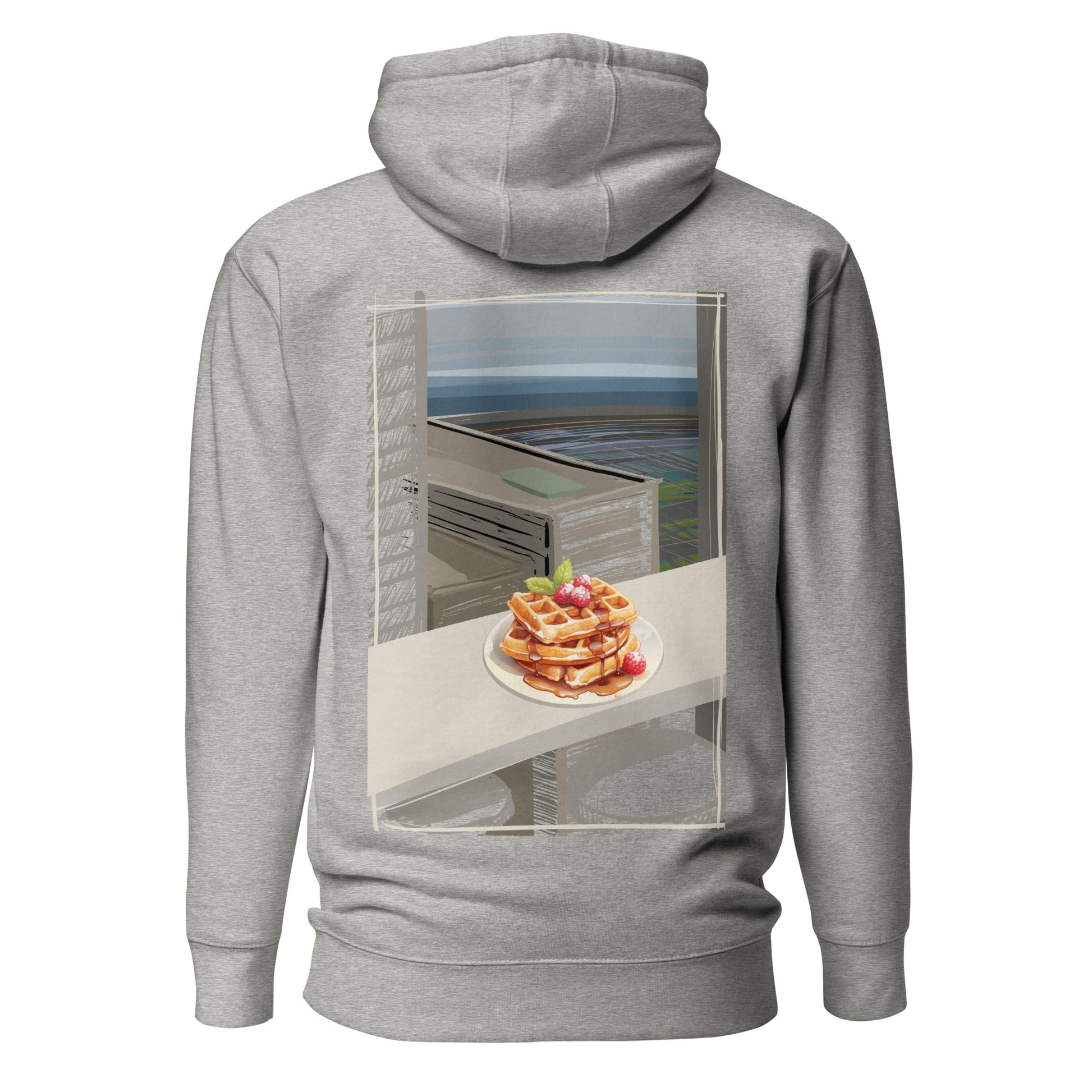 Comfy and cozy hoodie with flat drawstrings. Pictured from the back, a large color print of waffles, plated, on a bar table in front of a window with sky-scrapers, a lower city, and the ocean in the background. Unisex. Color: Carbon Grey.
